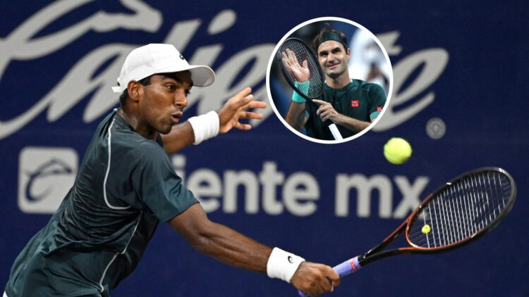 Main: Nishesh Basavareddy stretches for a shot. Inset top middle right: Roger Federer applauds the crowd using his racket and hand.