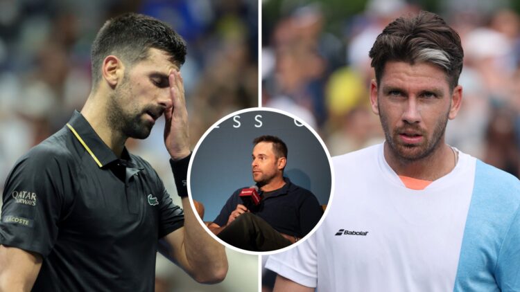 Left image: Novak Djokovic reacts during his first match at the US Open. Right image: Cameron Norrie looks on while he plays at the US Open. Inset:...