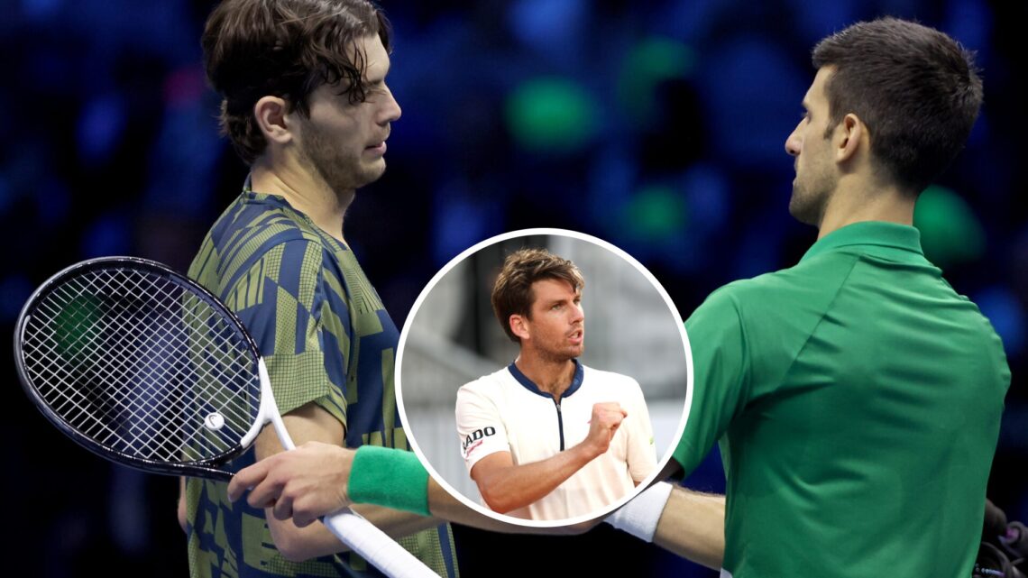 Main: Novak Djokovic and Taylor Fritz shake hands after their match at the 2023 ATP Finals. Inset: Cameron Norrie celebrates beating Christopher O'...