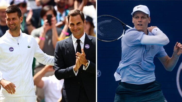 Main: Roger Federer and Novak Djokovic at 2022 Wimbledon Centre Court centenary ceremony. Inset: Jannik Sinner in action at the Cincinnati Open