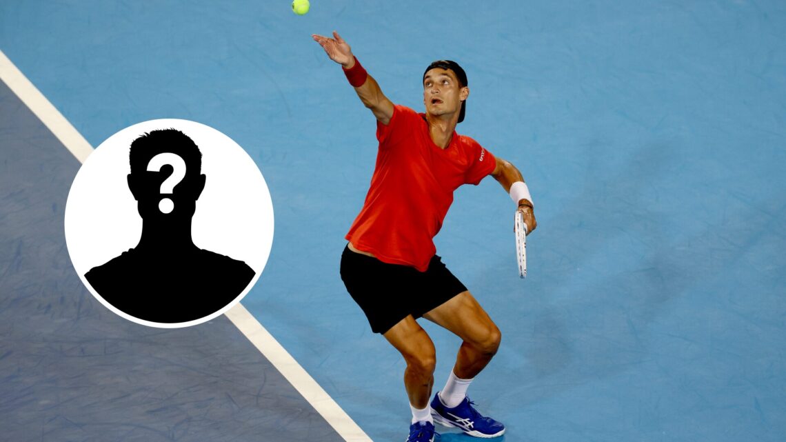 Main: Terence Atmane tosses the ball for a serve. Inset left: Mystery Overlay.