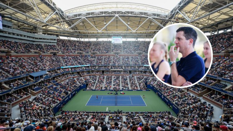 Main: An overhead shot of the Arthur Ashe stadium at the US Open. Inset: Tim Henman