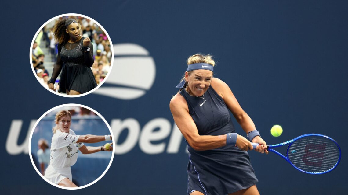 Main: Victoria Azarenka prepares to hit a backhand. Inset top left: Serena Williams fist pumps in celebration. Inset bottom left: Steffi Graf reach...