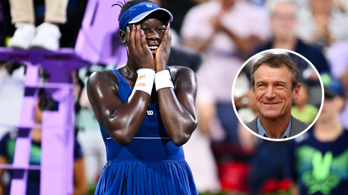 Main: Victoria Mboko puts her hands on her face in disbelief. Inset right: Mats Wilander looks on while smiling.