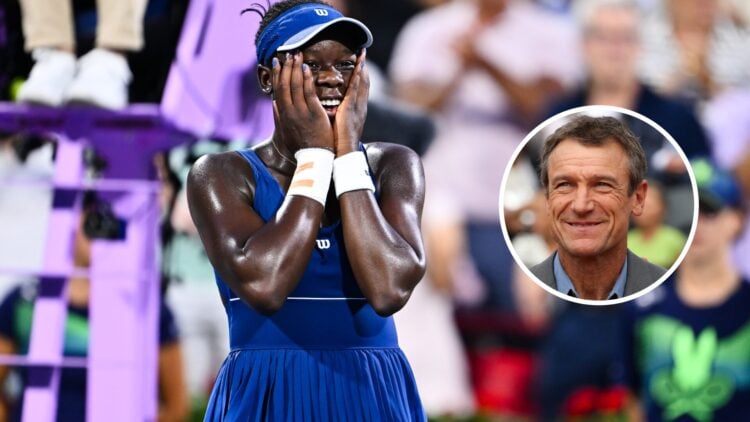 Main: Victoria Mboko puts her hands on her face in disbelief. Inset right: Mats Wilander looks on while smiling.