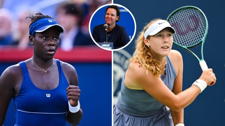 Main left: Victoria Mboko fist pumps in celebration. Main right: Mirra Andreeva looks on. Inset top middle: Lindsay Davenport.