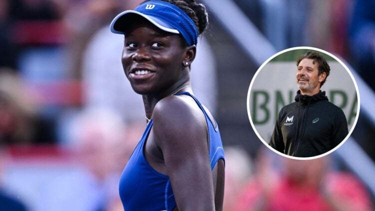 Main: Victoria Mboko looks behind her. Inset right: Patrick Mouratoglou looks on while smiling.