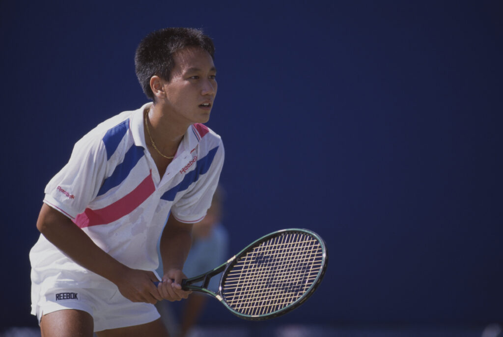 American tennis player Michael Chang competing in a US championship, August 1988.
