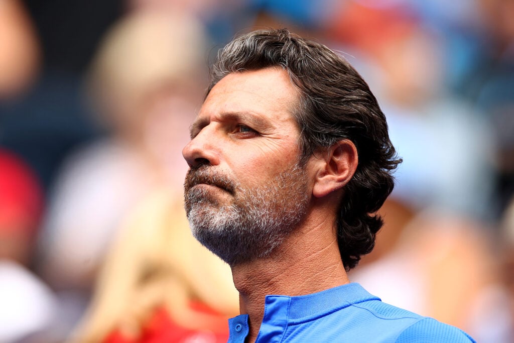 Coach of Serena Williams of the United States Patrick Mouratoglou looks on during her Women's Singles third round match against Qiang Wang of China on day five of the 2020 Australian Open at Melbourne Park on January 24, 2020 in Melbourne, Australia.