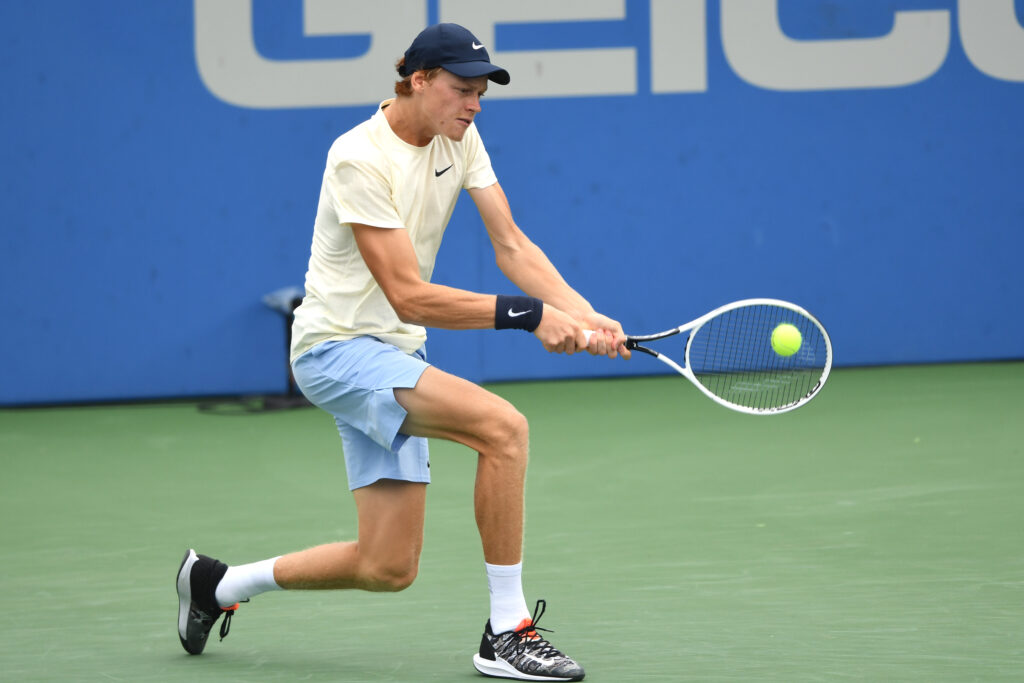 Citi Open - Day 8Jannik Sinner of Italy returns a shot during a match semi-final match against Jenson Brooksby of the United States on Day 8 during the Citi Open at Rock Creek Tennis Center on August 7, 2021 in Washington, DC.