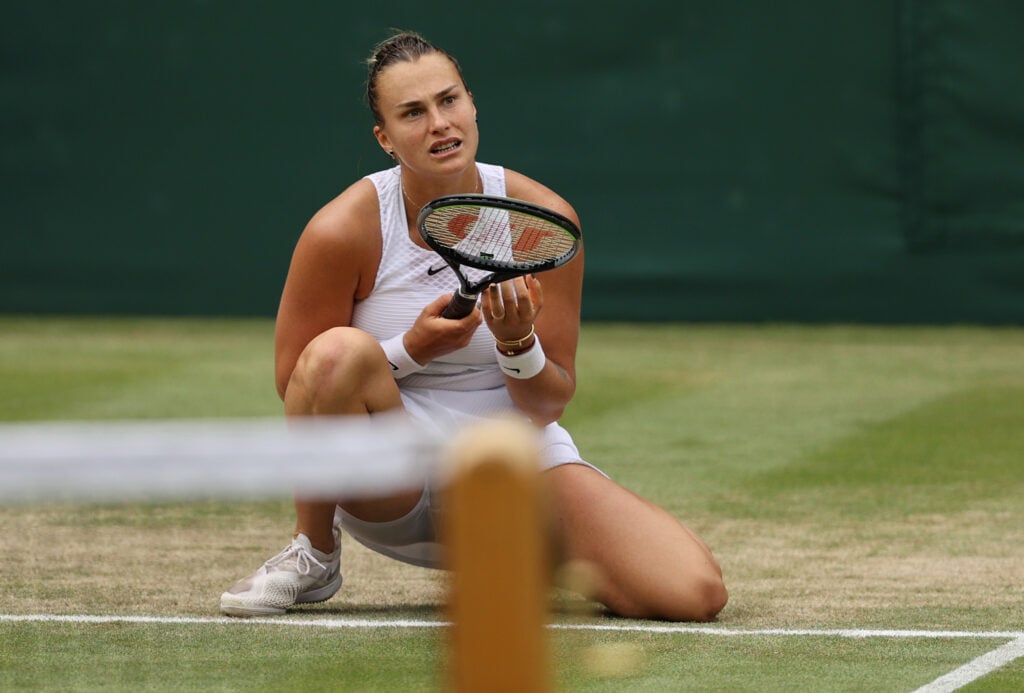 Aryna Sabalenka of Belarus reacts in her Ladies' Singles Semi-Final match against Karolina Pliskova of The Czech Republic on Day Ten of The Championships - Wimbledon 2021 at All England Lawn Tennis and Croquet Club on July 08, 2021 in London, England.