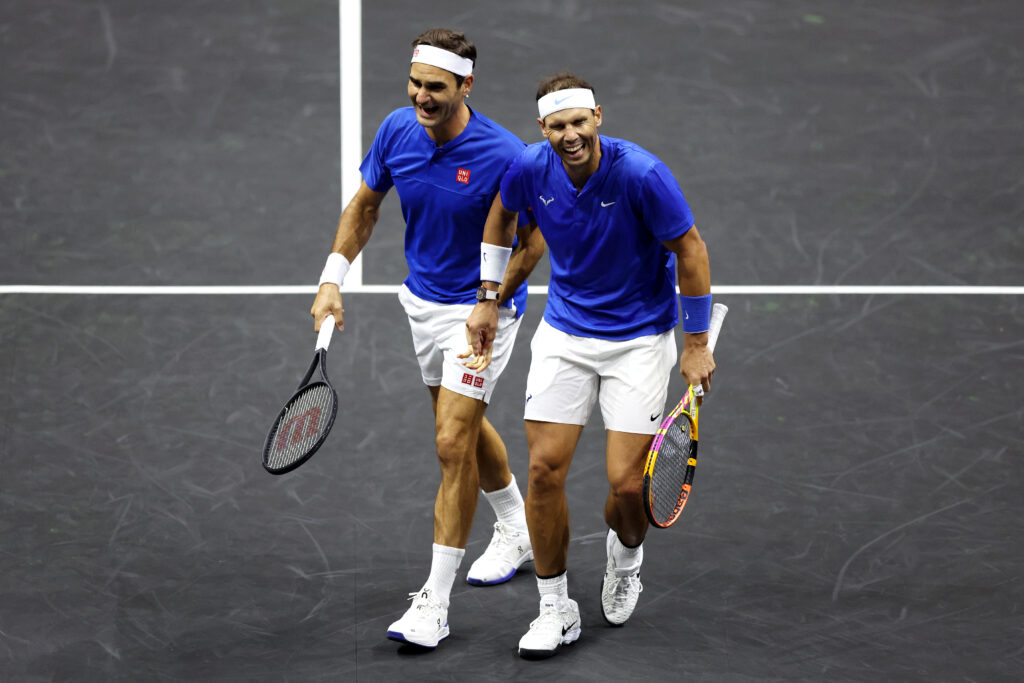 Rafael Nadal and Roger Federer playing doubles at the Laver Cup in 2022
