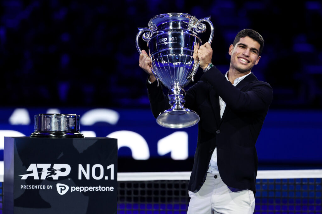 Carlos Alcaraz of Spain holds the ATP World Tour No. 1 trophy