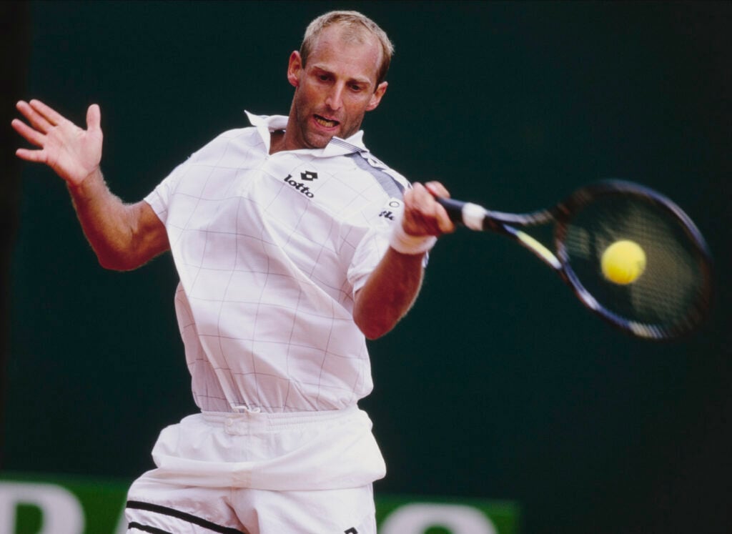 Thomas Muster from Austria plays a forehand return to Fabrice Santoro of France during their Men's Singles Second Round match at the Monte Carlo Open Tennis Championship on 22nd April 1997 at the Monte Carlo Country Club in Roquebrune-Cap-Martin, France. Fabrice Santoro won the match 6 - 2, 7 - 6.