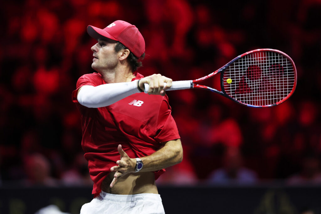 Tommy Paul of Team World plays in a match against Casper Ruud of Team Europe during day two of the Laver Cup at Rogers Arena on September 23, 2023 in Vancouver, British Columbia.