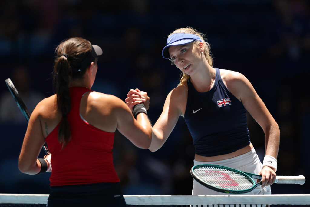 Katie Boulter of Great Britain celebrates after winning the Women's singles match against Jessica Pegula of USA during day three of the 2024 United Cup at RAC Arena on December 31, 2023 in Perth, Australia.