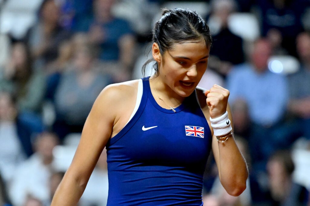 Emma Raducanu of Great Britain celebrates a point on her match against Caroline Garcia of France during the Billie Jean King Cup Qualifier match between France and Great Britain at Le Chaudron on April 12, 2024 in UNSPECIFIED, France.