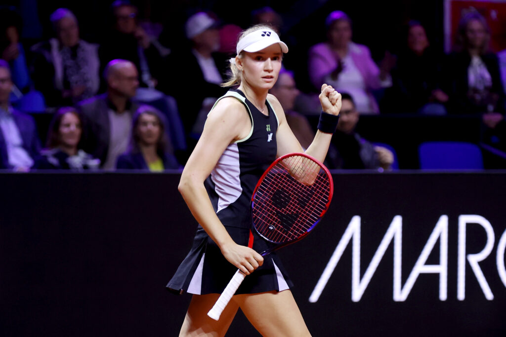 Elena Rybakina of Kazakhstan celebrates winning match point against Iga Swiatek of Poland during the semi-final match on day six of the Porsche Tennis Grand Prix Stuttgart 2024 at Porsche Arena on April 20, 2024 in Stuttgart, Germany.