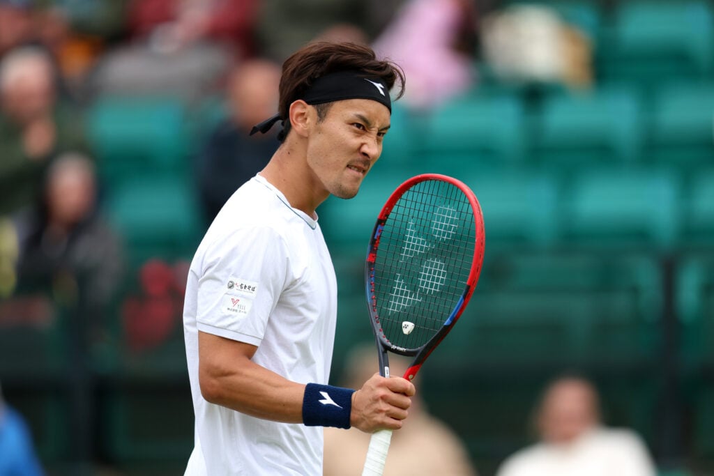 Sho Shimabukuro of Japan celebrates against Cameron Norrie of Great Britain during the Men's Round of 32 match on Day Two of the Rothesay Open Nottingham at Lexus Nottingham Tennis Centre on June 11, 2024 in Nottingham, England.