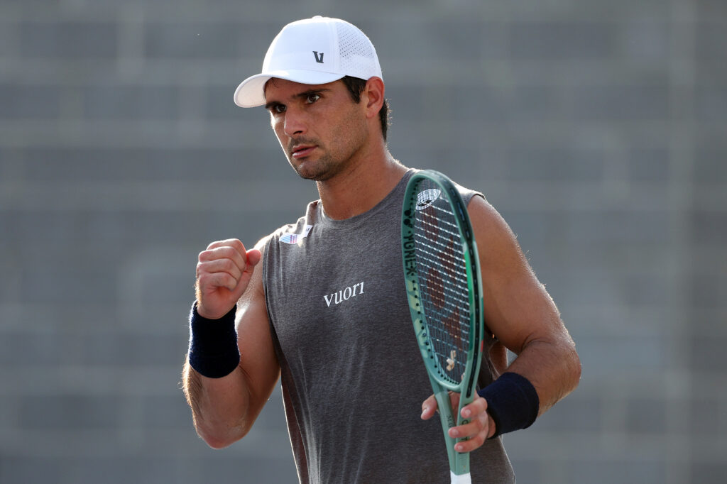 Marcos Giron of the United States reacts against Alex de Minaur of Australia during their Men's Singles First Round match on Day Two of the 2024 US Open at the USTA Billie Jean King National Tennis Center on August 27, 2024 in the Flushing neighborhood of the Queens borough of New York City.