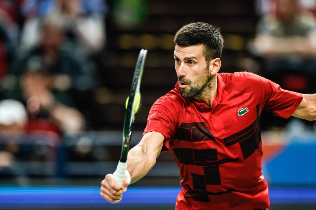 Jannik Sanner plays with Novak Djokovic in the final of the 2024 Shanghai Rolex Masters in Shanghai, China, October 13, 2024.