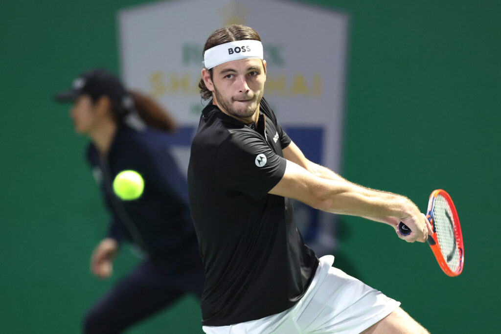 Taylor Fritz of the United States competes Holger Rune of Denmark in Men's singles fourth round match on Day 10 of 2024 Shanghai Rolex Masters at Qi Zhong Tennis Centre on October 09, 2024 in Shanghai, China.