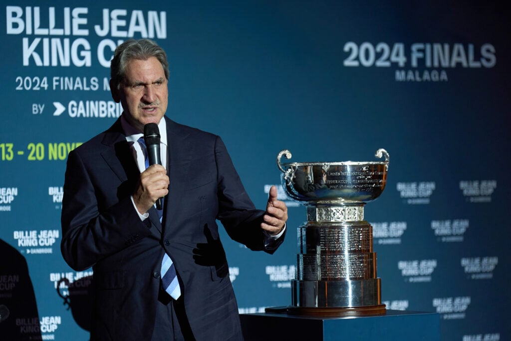 David Haggerty, President of the ITF, speaks on during the Reception Dinner ahead of the Billie Jean King Cup Finals at Palacio de Deportes Jose Maria Martin Carpena on November 11, 2024 in Malaga, Spain.