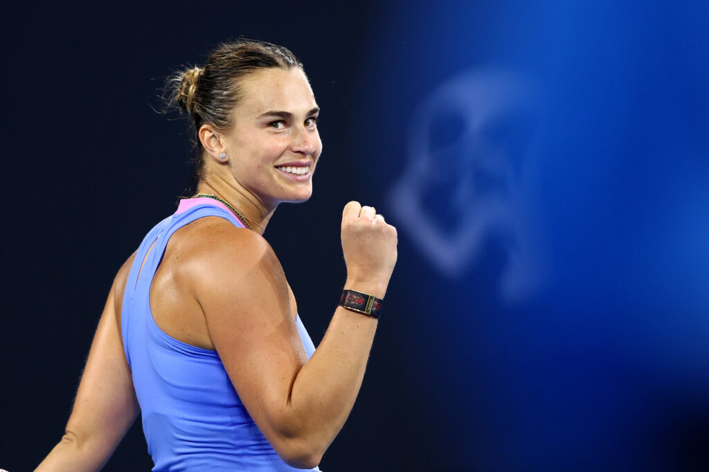 Aryna Sabalenka of Belarus celebrates a point in her Quarter-final match against Marie Bouzkova of the Czech Republic during day six of the 2025 Brisbane International at Pat Rafter Arena on January 03, 2025 in Brisbane, Australia.