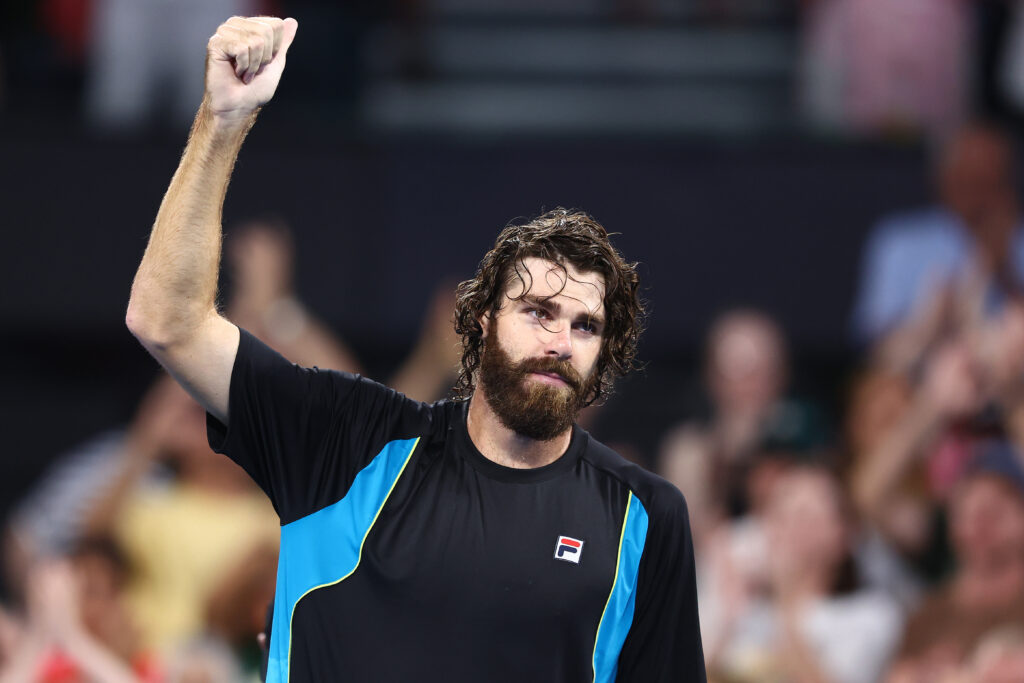 Reilly Opelka at the 2025 Brisbane International during his match with Novak Djokovic