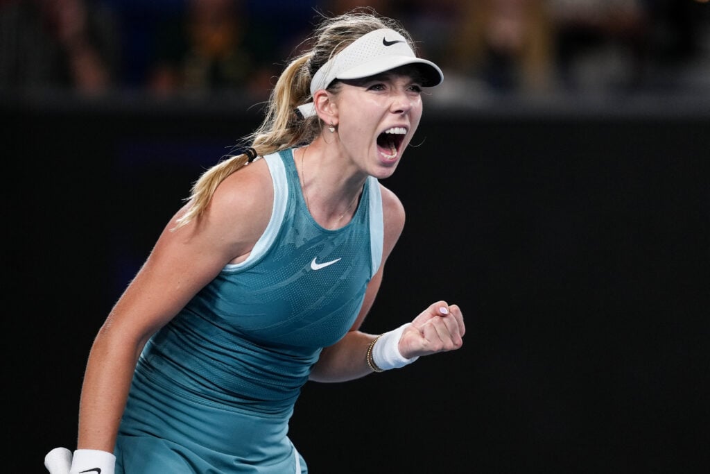 Katie Boulter of Great Britain reacts in the Women's Singles First Round match against Rebecca Marino of Canada during day three of the 2025 Australian Open at Melbourne Park on January 14, 2025 in Melbourne, Australia.