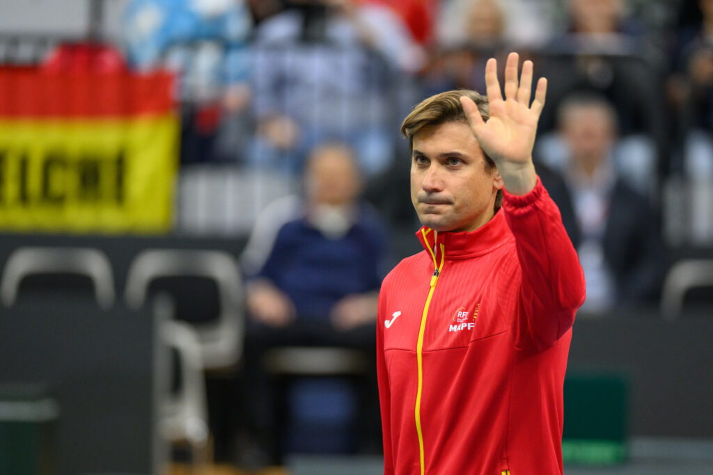 David Ferrer, Team captain of Spain reacts during opening ceremony during day 1 of the Davis Cup Qualifier first round match between Switzerland and Spain at Swiss Tennis Arena on February 01, 2025 in Biel, Switzerland.
