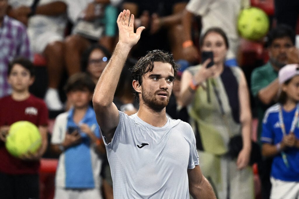Czech Republic's Tomas Machac serves to USA's Lerner Tien during their 2025 Mexico ATP Open 500 men´s singles tennis match at the Arena GNP Seguros in Acapulco, Guerrero State, Mexico on February 27, 2025.