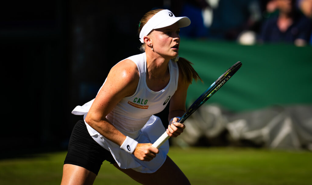 Harriet Dart of Great Britain in action against Dalma Galfi of Hungary in the first round on Day One of The Championships Wimbledon 2025 at All England Lawn Tennis and Croquet Club on June 30, 2025 in London, England