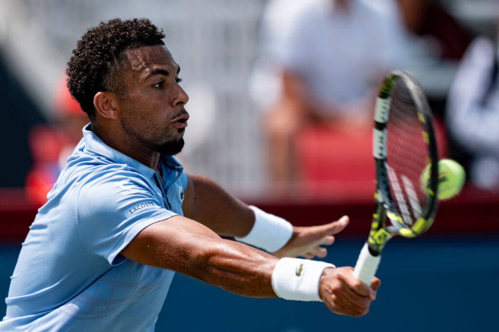 Arthur Fils (FRA) returns the ball during his third round match at ATP National Bank Open on August 11, 2025 at Sobeys Stadium in Toronto, ON, Canada