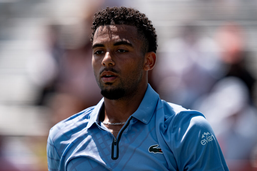 Arthur Fils (FRA) reacts during his third round match at ATP National Bank Open on August 11, 2025 at Sobeys Stadium in Toronto, ON, Canada