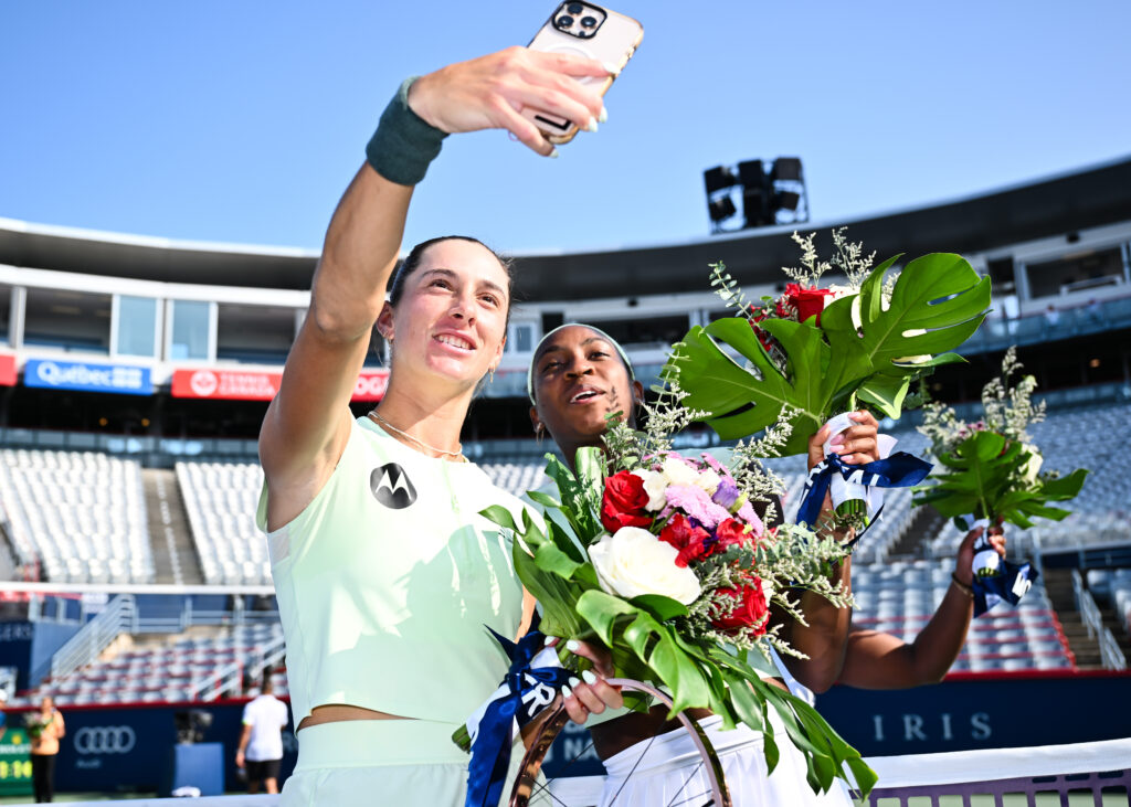 Coco Gauff and McCartney Kessler of the United States take a selfie after defeating Taylor Townsend of the United States and Shuai Zhang of the Republic of China during their final women's doubles match on Day Eleven of the WTA 1000 National Bank Open at IGA Stadium on August 6, 2025 in Montreal, Quebec, Canada.