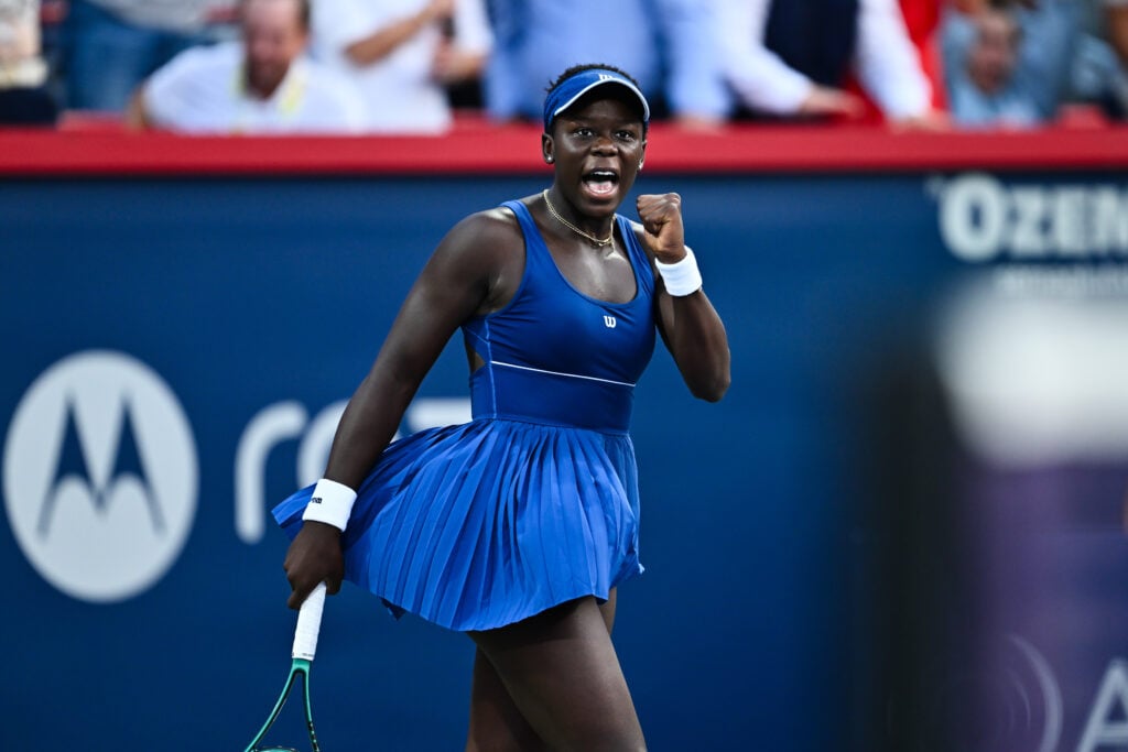 Victoria Mboko of Canada celebrates as she wins the second set against Elena Rybakina of Kazakhstan during their semifinal singles women's match on Day Eleven of the WTA 1000 National Bank Open at IGA Stadium on August 6, 2025 in Montreal, Quebec, Canada.