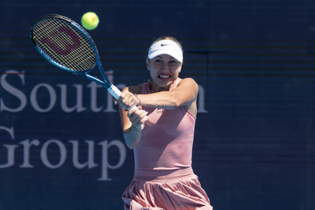 Anastasia Potapova of Russia in action against Iga Swiatek of Poland in the second round of the women's singles at the Cincinnati Open at the Lindner Family Tennis Center on August 09, 2025 in Mason, Ohio.