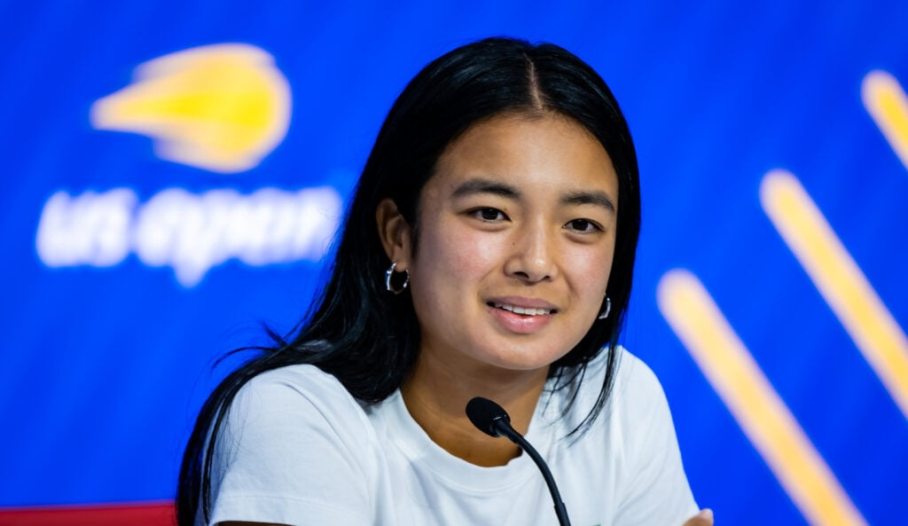 Alexandra Eala of the Philippines talks to the media after defeating Clara Tauson of Denmark in the first round on Day 1 of the US Open at USTA Billie Jean King National Tennis Center on August 24, 2025 in New York City