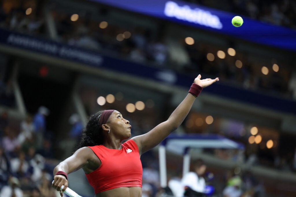 USA's Coco Gauff serves the ball to Australia's Ajla Tomljanovic during their women's singles first round tennis match on day three of the US Open tennis tournament at the USTA Billie Jean King National Tennis Center in New York City, on August 26, 2025.