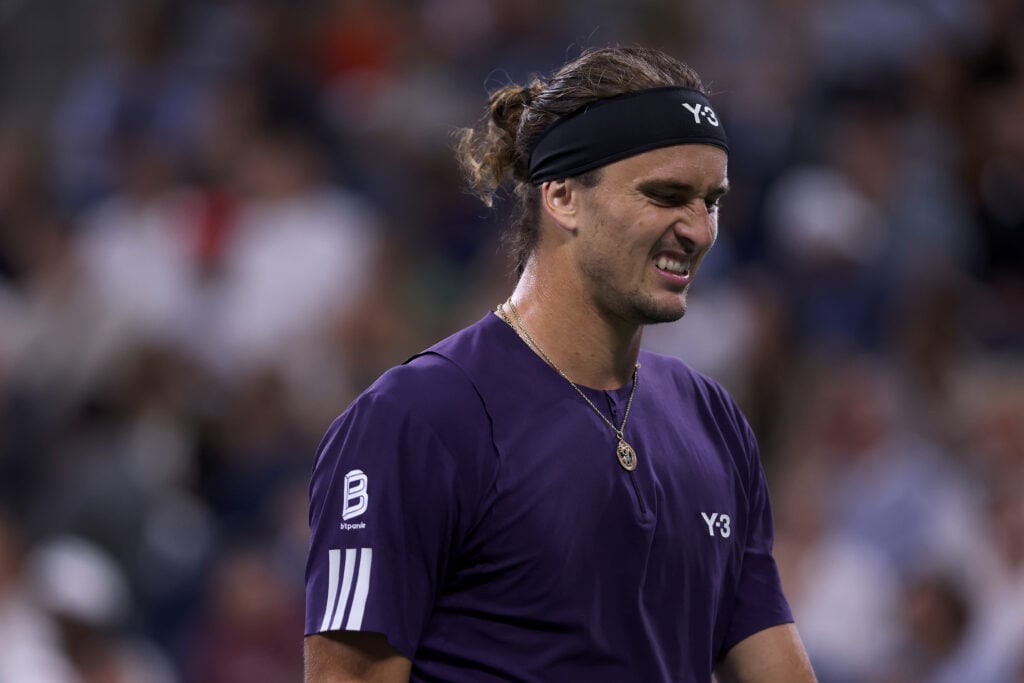 Alexander Zverev of Germany reacts against Jacob Fearnley of the United Kingdom during their Men's Singles Second Round match on Day Five of the 2025 US Open at USTA Billie Jean King National Tennis Center on August 28, 2025 in the Flushing neighborhood of the Queens borough of New York City.
