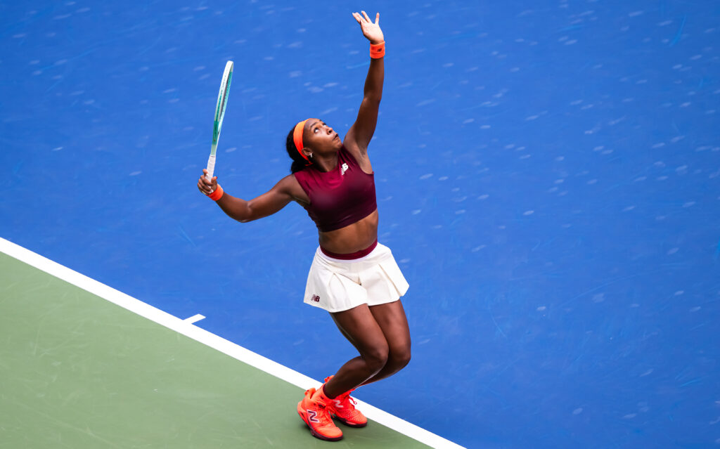 Coco Gauff of the United States in action against Naomi Osaka of Japan in the fourth round on Day 9 of the US Open at USTA Billie Jean King National Tennis Center on September 01, 2025 in New York City