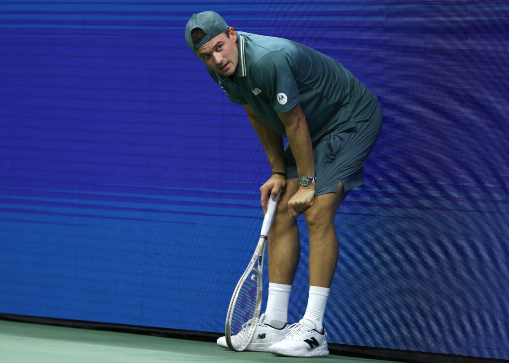 Tommy Paul of the United States looks on against Alexander Bublik of Kazakhstan during their Men's Singles Third Round match on Day Seven of the 2025 US Open at USTA Billie Jean King National Tennis Center on August 30, 2025 in the Flushing neighborhood of the Queens borough of New York City.