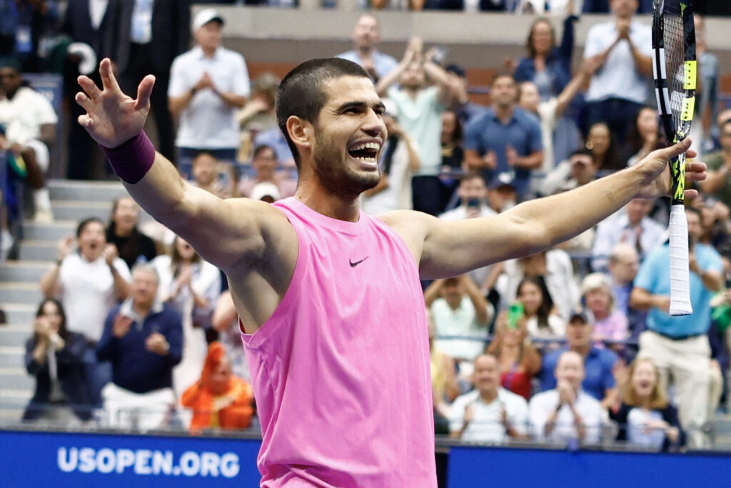Spain's Carlos Alcaraz celebrates after defeating Italy's Jannik Sinner during their men's singles final tennis match on day fifteen of the US Open tennis tournament at the USTA Billie Jean King National Tennis Center in New York City, on September 7, 2025.