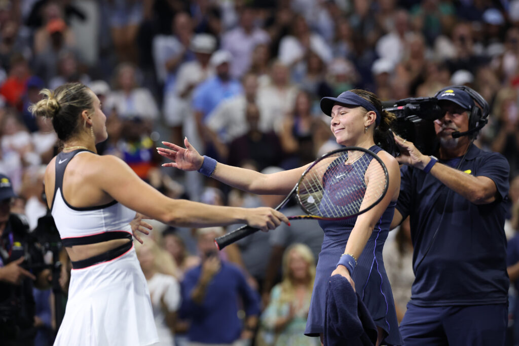 Aryna Sabalenka greets Amanda Anisimova of the United States after winning their Women's Singles Final match on Day Fourteen of the 2025 US Open at USTA Billie Jean King National Tennis Center on September 06, 2025 in New York City.