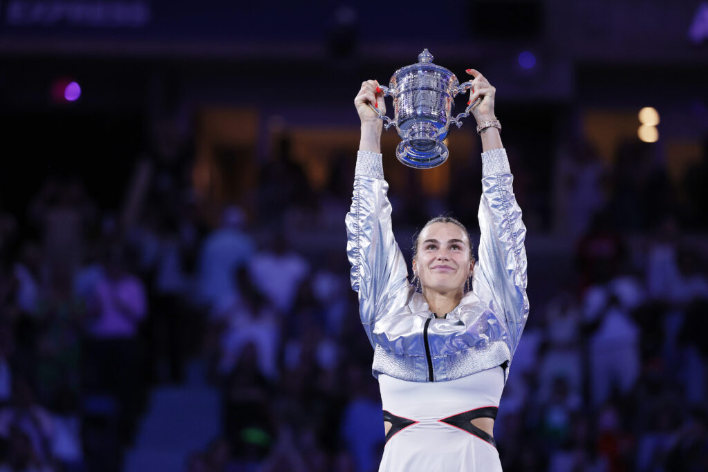 Aryna Sabalenka poses with her trophy after defeating Amanda Anisimova of the United States during their Women's Singles Final match on Day Fourteen of the 2025 US Open at USTA Billie Jean King National Tennis Center on September 06, 2025 in New York City.