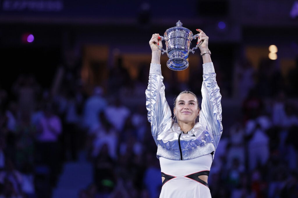 Aryna Sabalenka poses with her trophy after defeating Amanda Anisimova of the United States during their Women's Singles Final match on Day Fourteen of the 2025 US Open at USTA Billie Jean King National Tennis Center on September 06, 2025 in New York City.
