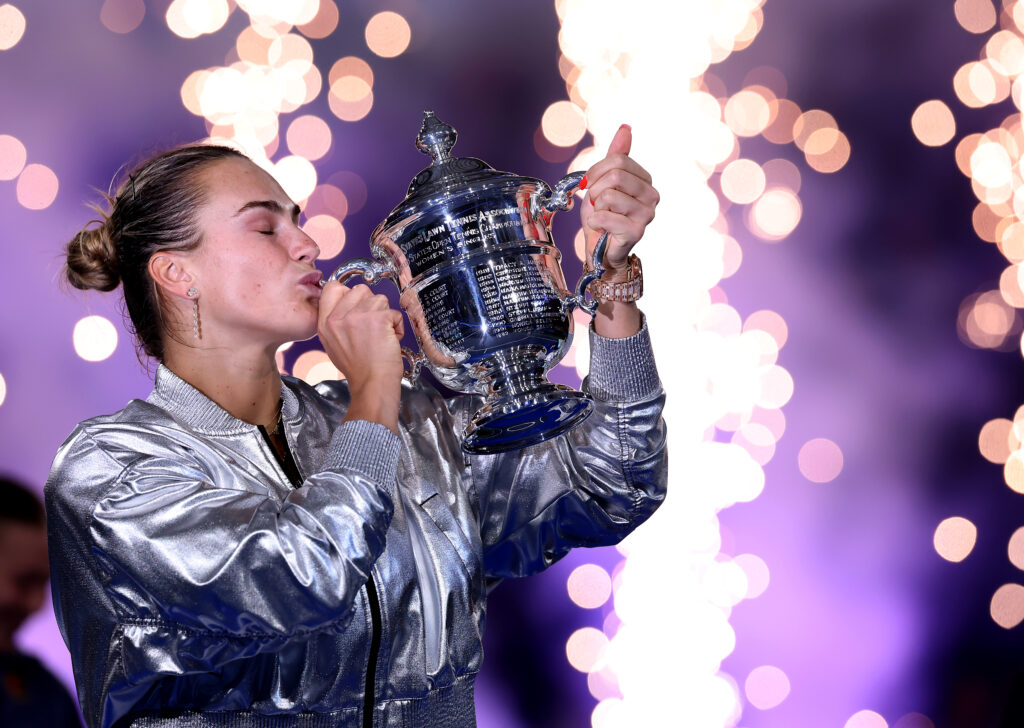 Aryna Sabalenka poses with her trophy after defeating Amanda Anisimova of the United States during their Women's Singles Final match on Day Fourteen of the 2025 US Open at USTA Billie Jean King National Tennis Center on September 06, 2025 in New York City.