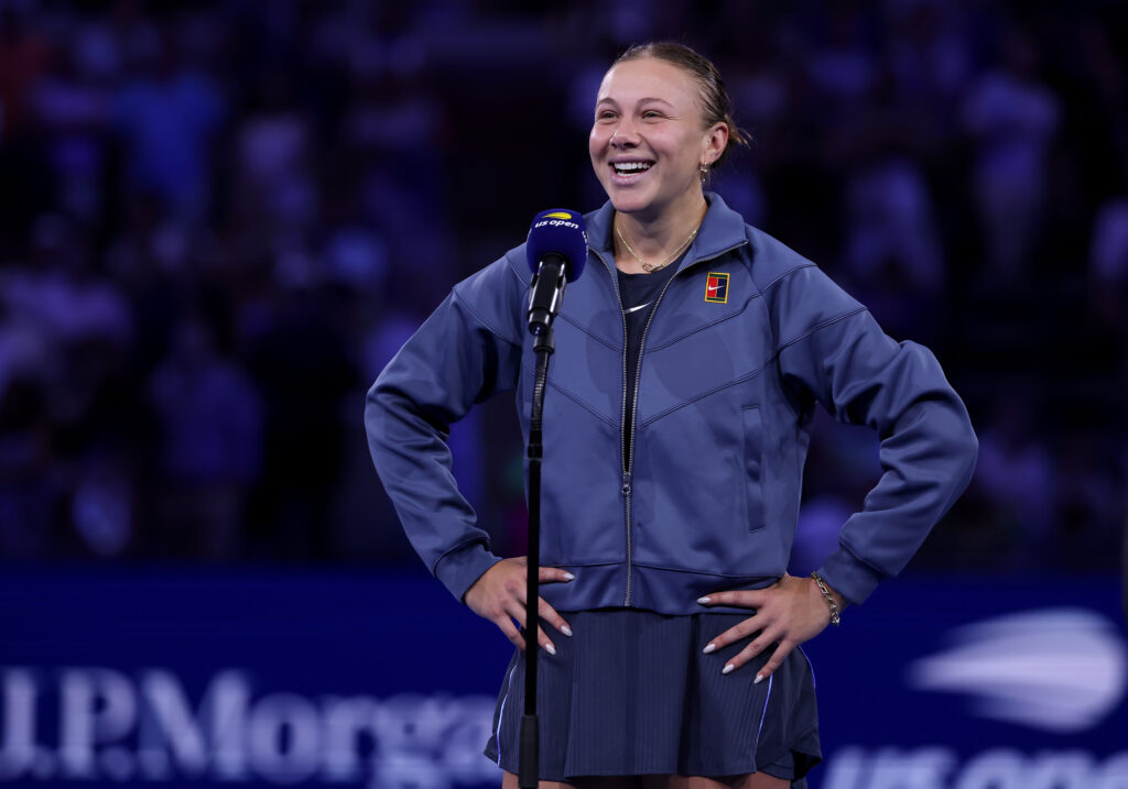 Amanda Anisimova of the United States addresses the crowd after losing to Aryna Sabalenka in the Women's Singles Final match on Day Fourteen of the 2025 US Open at USTA Billie Jean King National Tennis Center on September 06, 2025 in New York