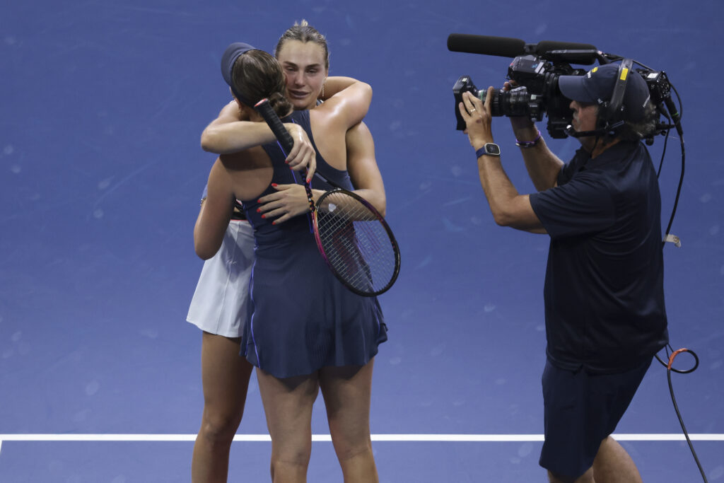 Aryna Sabalenka of Belarus greets Amanda Anisimova of USA after winning match point during their Women's Singles Final match on day fourteen of the 2025 US Open Tennis Championships at USTA Billie Jean King National Tennis Center on September 6, 2025 in Flushing Meadows, Queens, New York City.